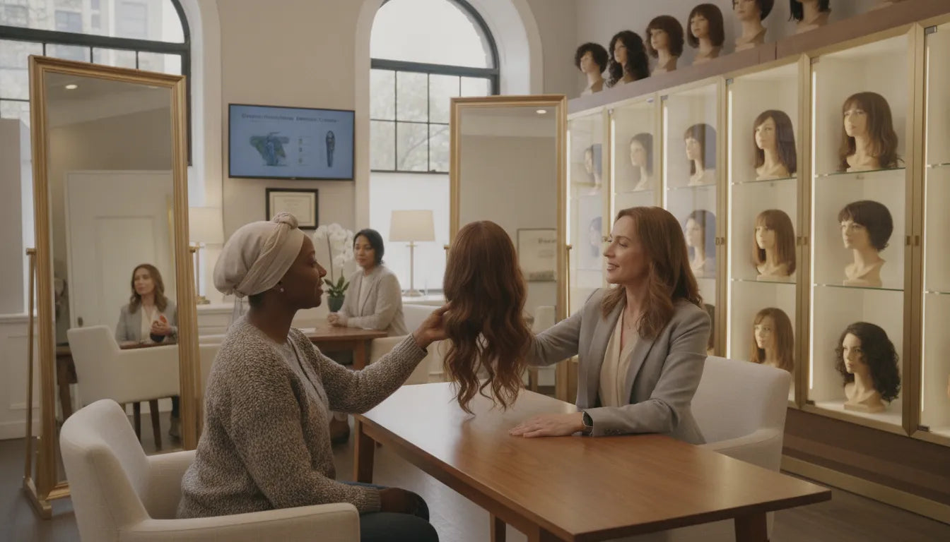 A cranial prosthesis specialist consulting with a patient in a private New York City showroom