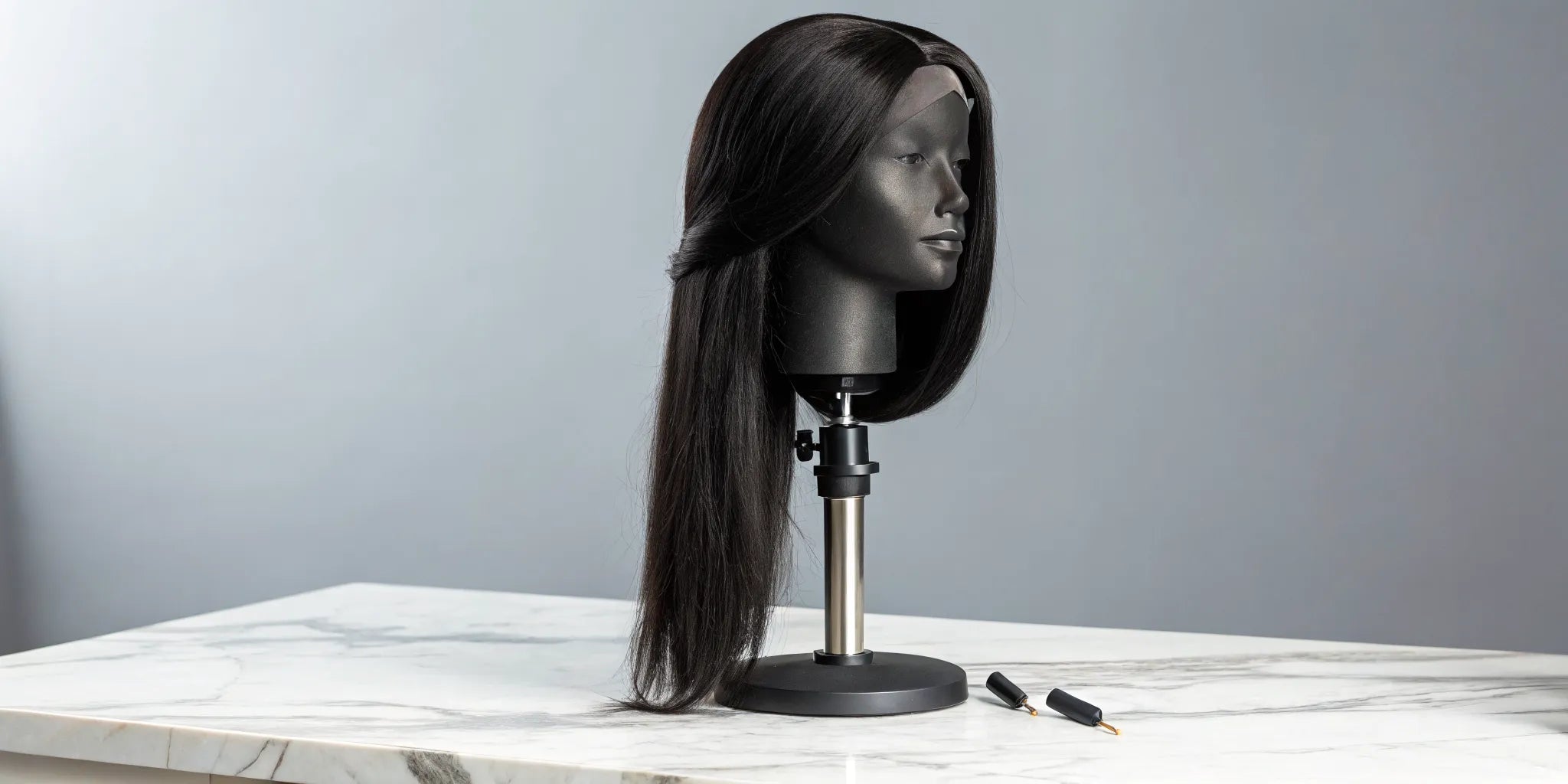 A straight V part wig on a mannequin, perfect for a beginner's glueless install.