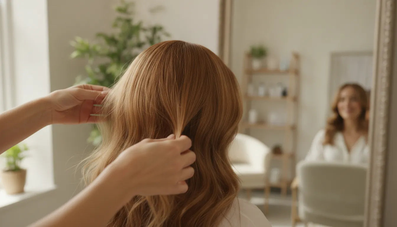 A wavy human hair medical wig with soft, natural waves resting in a bright consultation space