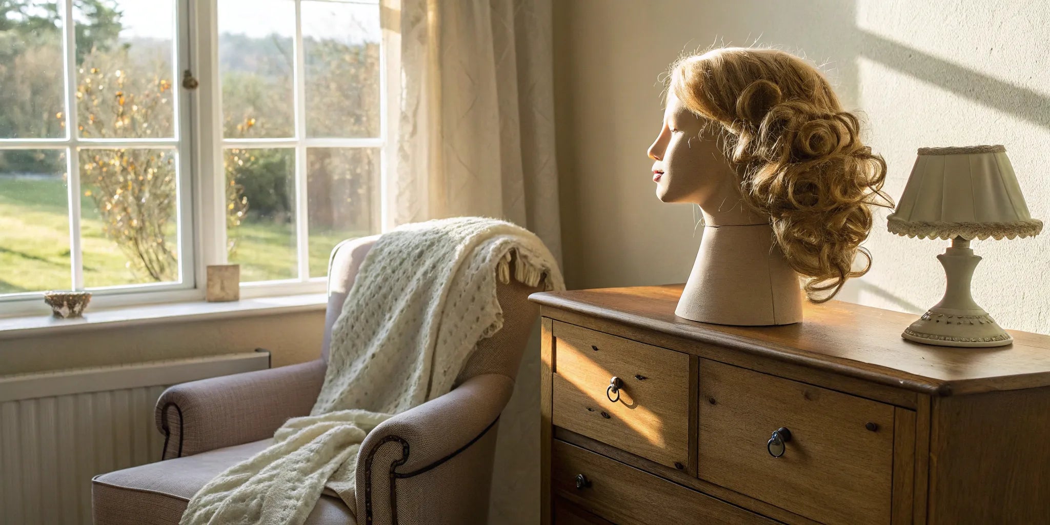 A cranial prosthesis, a medical-grade wig for hair loss, on a mannequin head.