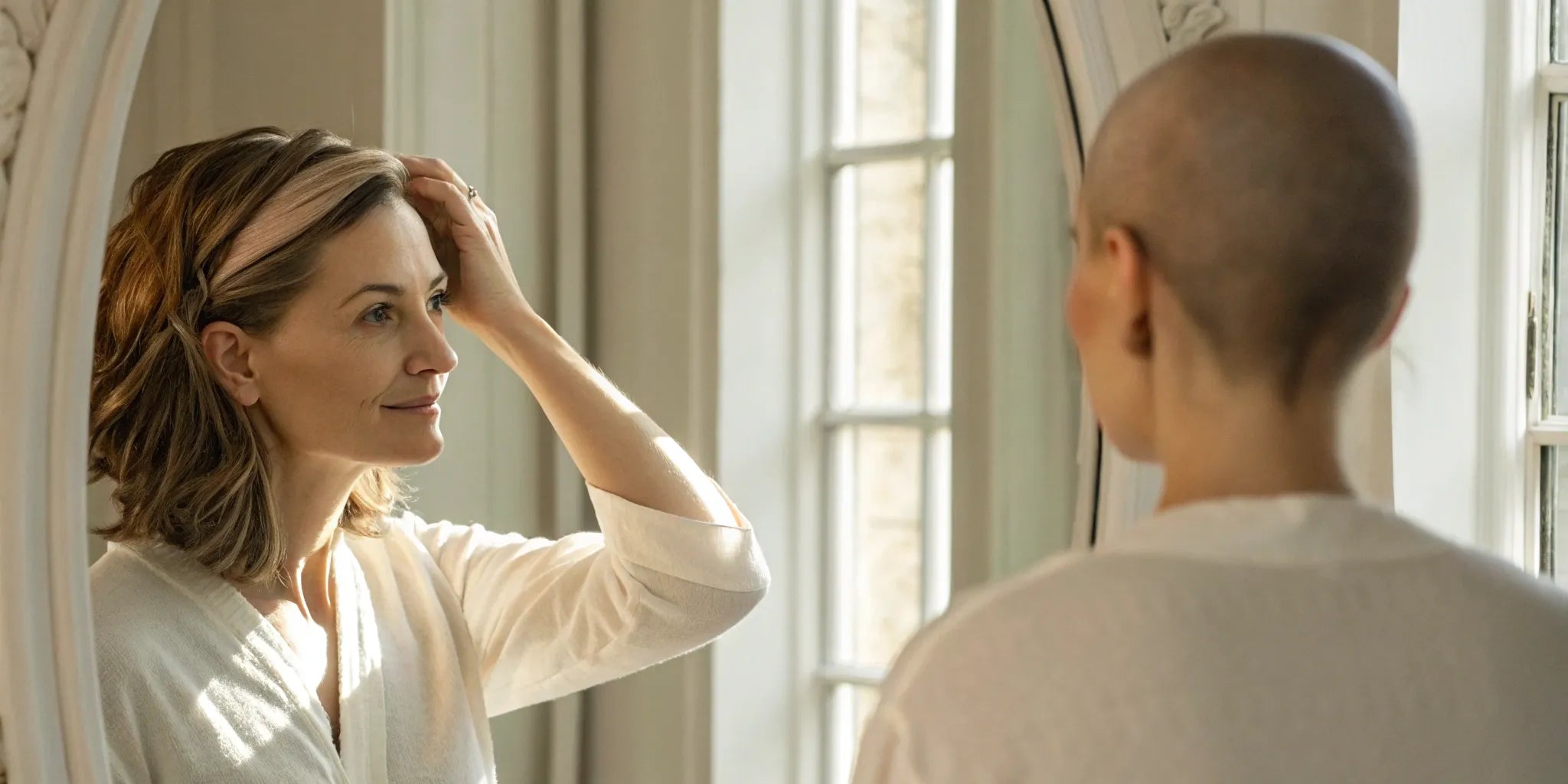 A woman wearing a cranial prosthesis looks at her bald reflection in the mirror.