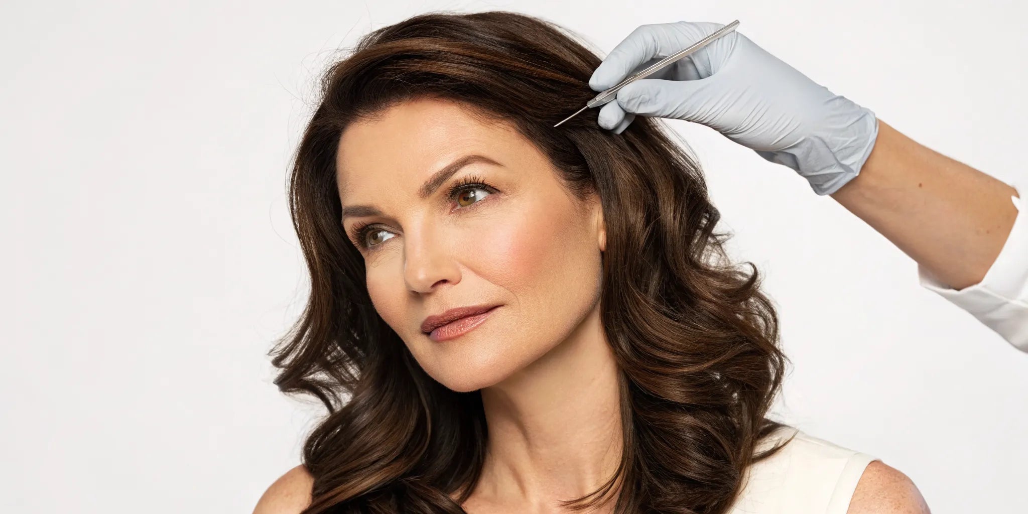 A lace front medical wig creating a seamless and natural-looking hairline on a woman.