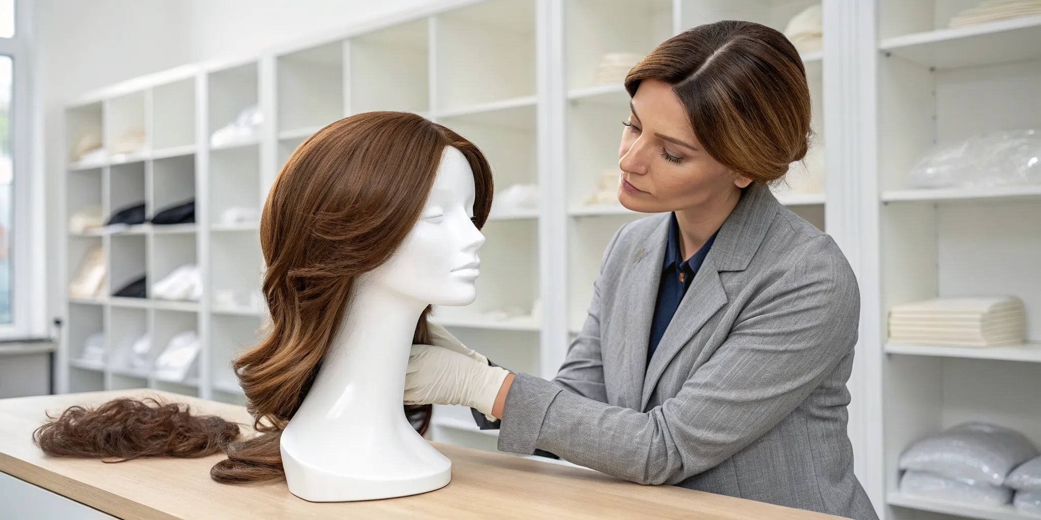 Woman inspecting the natural-looking scalp of a brown silk top wig.