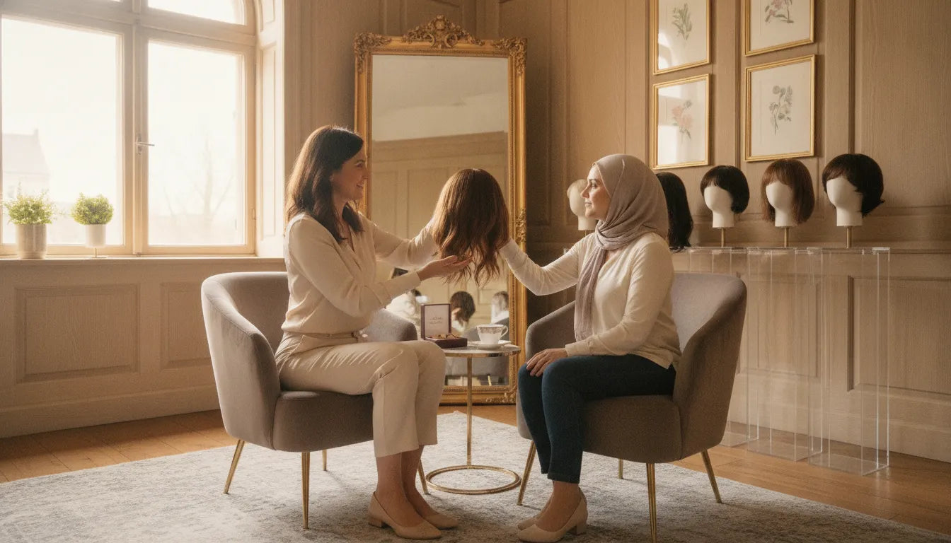 A professional cranial prosthesis specialist helping a client select a medical wig in a luxurious consultation room.