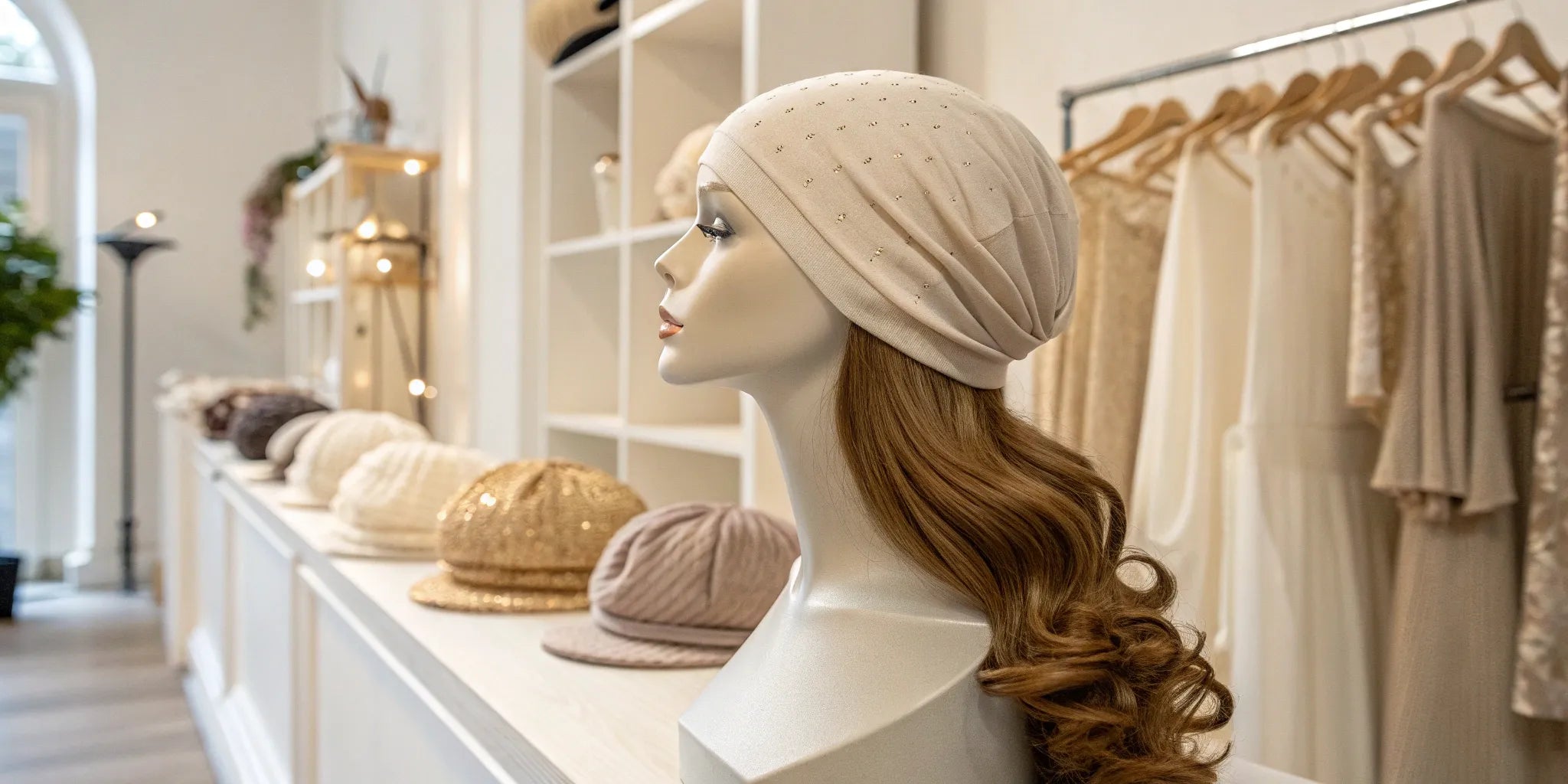 A mannequin head wearing a wig cap in a store with various wig caps available to buy.