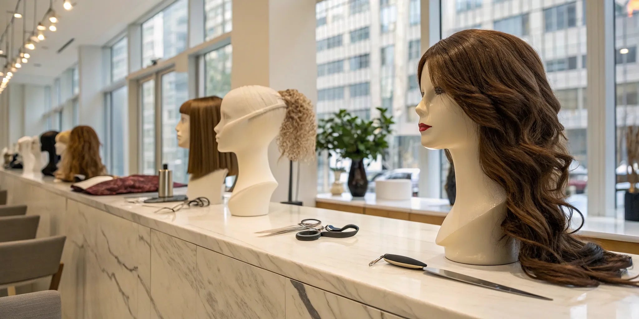 Medical wigs on mannequin heads displayed in a professional NYC wig store.