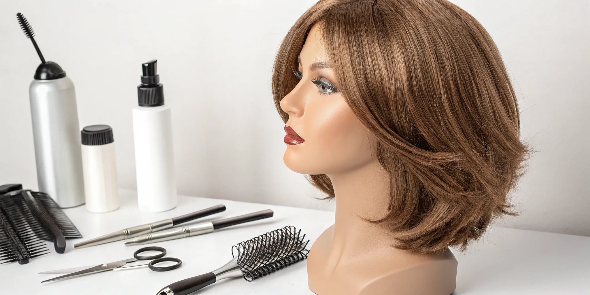 A complete wig styling setup with a mannequin head, wig, and essential tools.