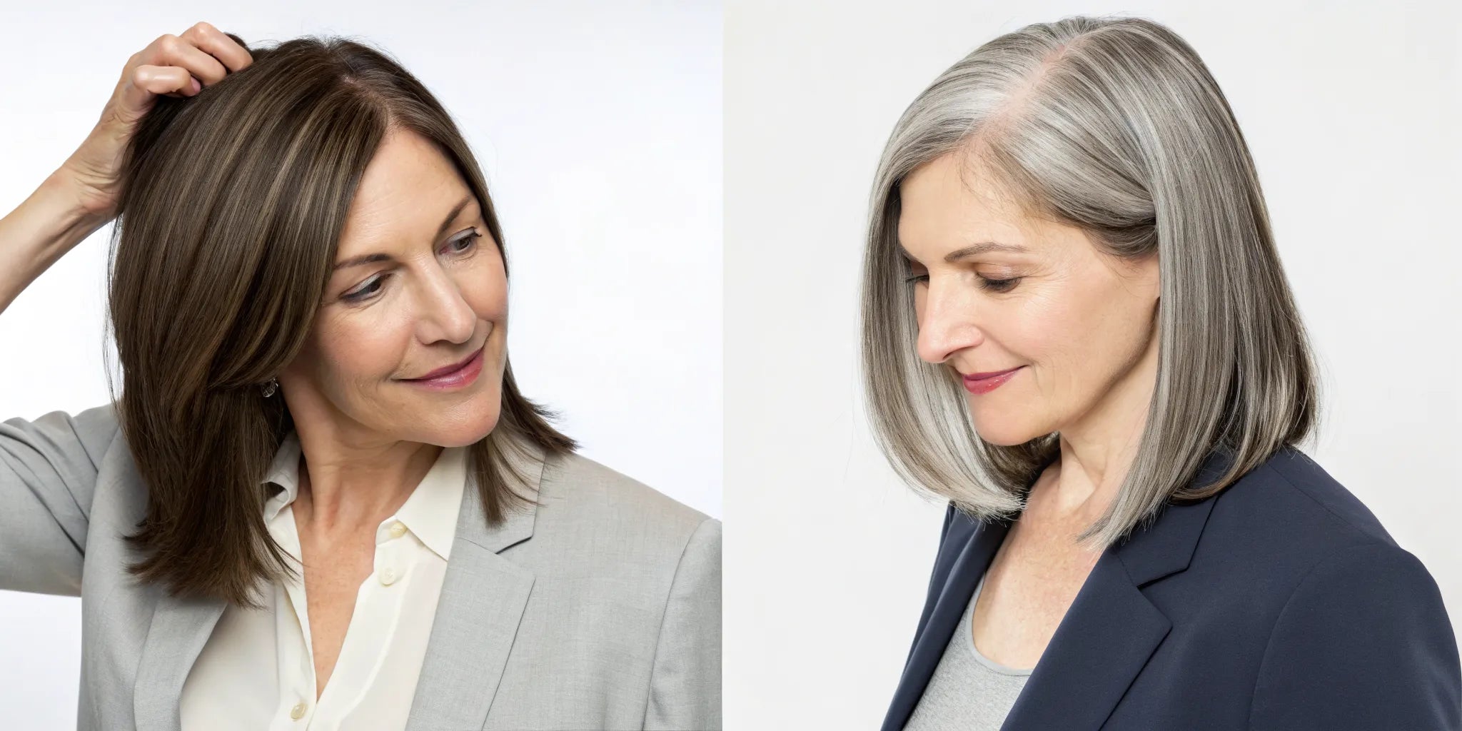 Before and after image of a wig for thinning hair providing natural-looking volume and coverage.
