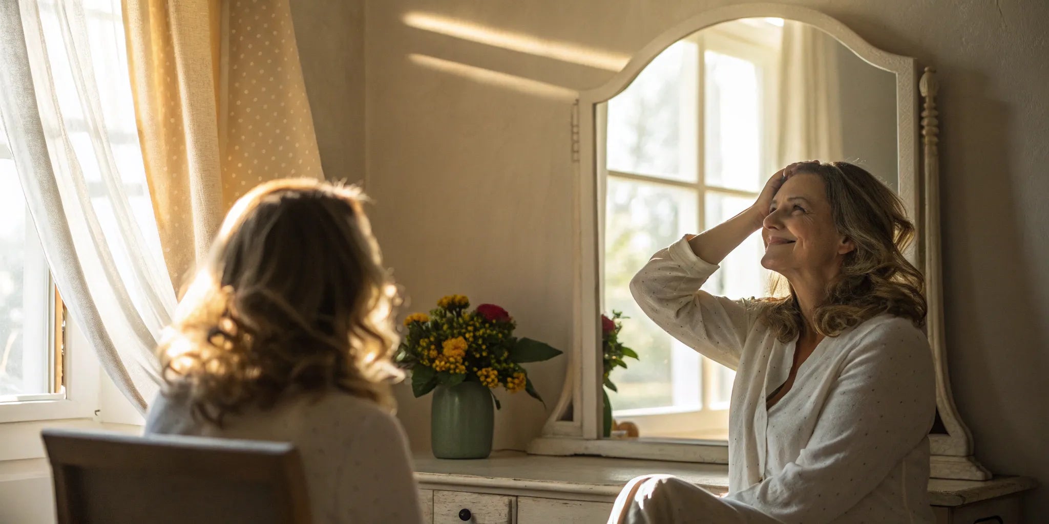 A woman smiling in a mirror, wearing a natural 100% human hair medical wig for women.