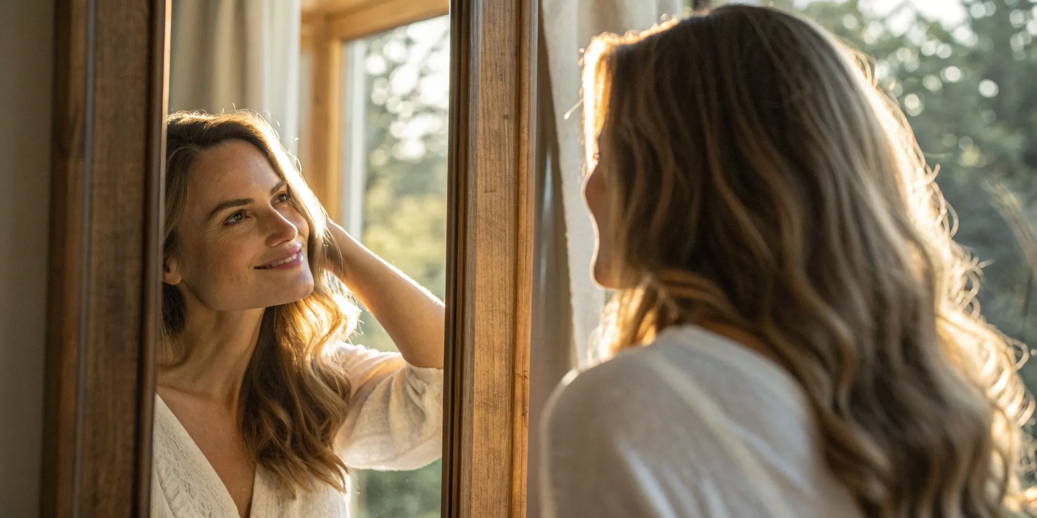 A woman smiling at her reflection while wearing a long, natural-looking real hair wig.