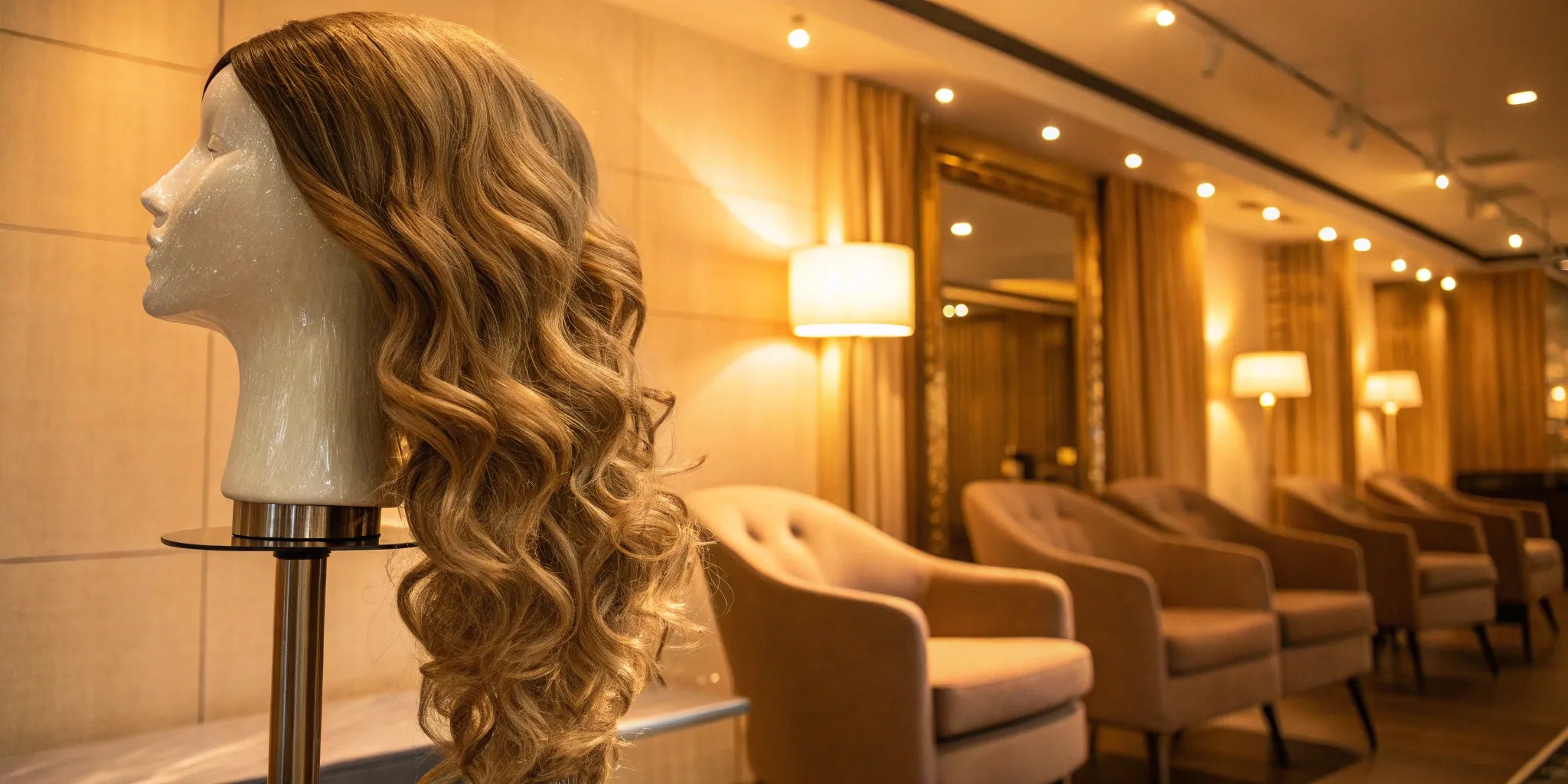 A human hair wig on a mannequin in a salon, a local option for finding a wig near me.