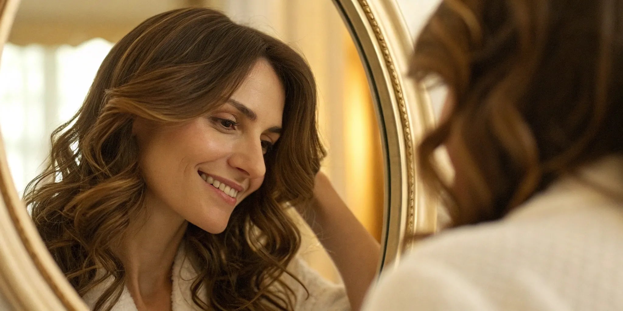 A woman with a natural-looking, wavy low density wig smiles at her reflection.