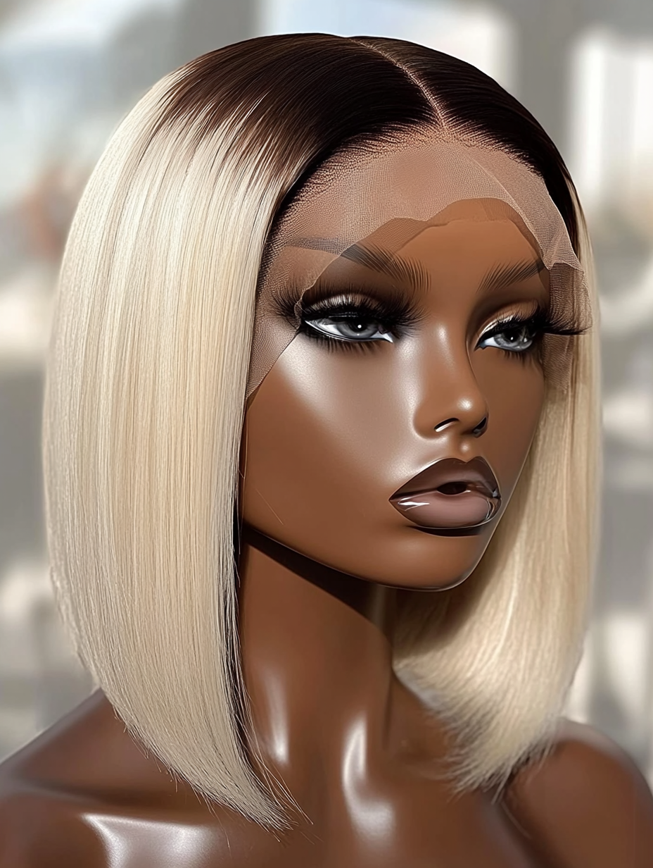 Naomi – 12" 13x6 HD Lace Front Wig – Glueless, Dark-Rooted Blonde, Sleek Straight Bob, 100% Human Hair