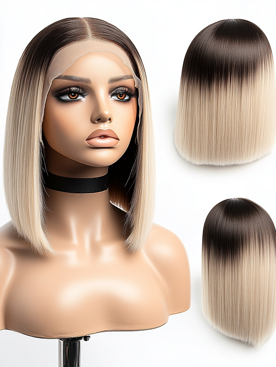 Naomi – 12" 13x6 HD Lace Front Wig – Glueless, Dark-Rooted Blonde, Sleek Straight Bob, 100% Human Hair