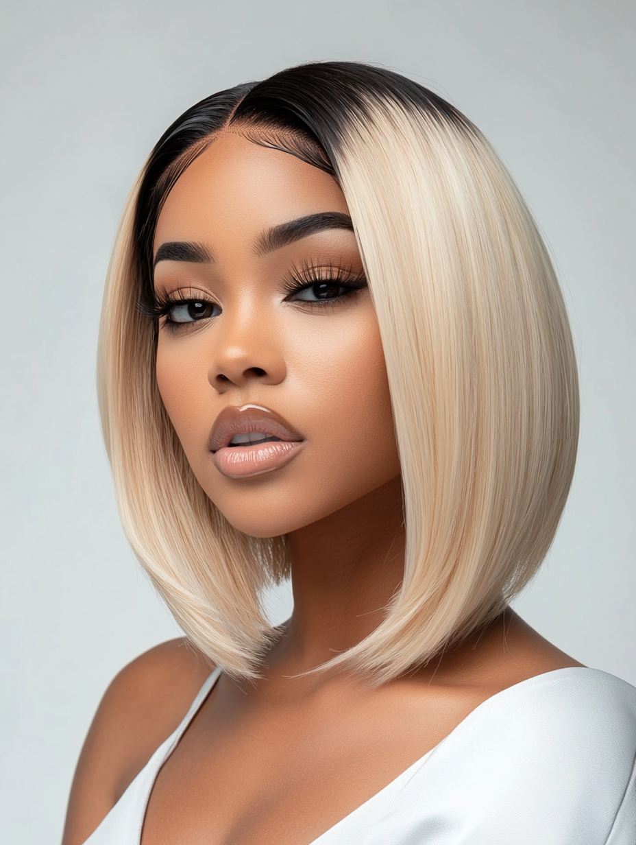Naomi – 12" 13x6 HD Lace Front Wig – Glueless, Dark-Rooted Blonde, Sleek Straight Bob, 100% Human Hair