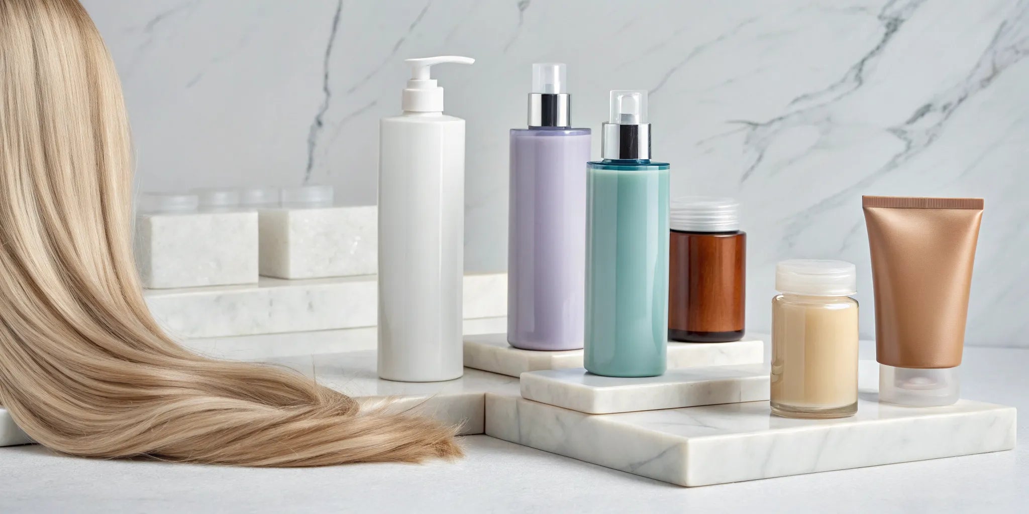 A blonde wig next to bottles of the best conditioner for medical wigs.