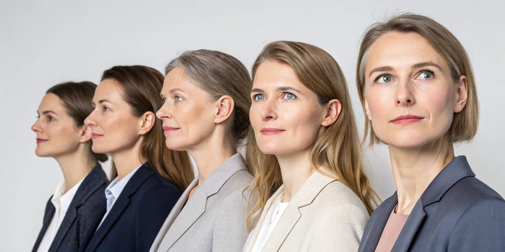 Five women wearing a variety of flattering layered wig styles.
