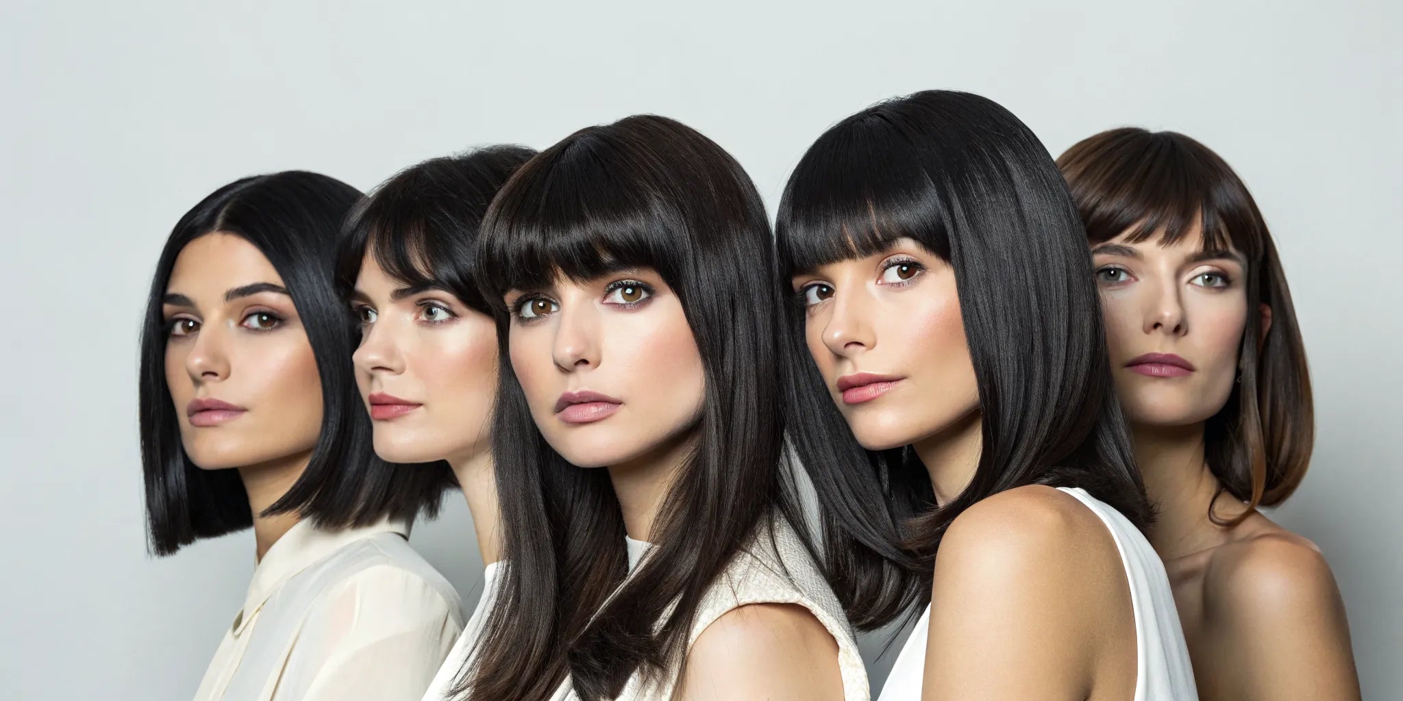 Several women modeling different styles of black wigs with bangs.