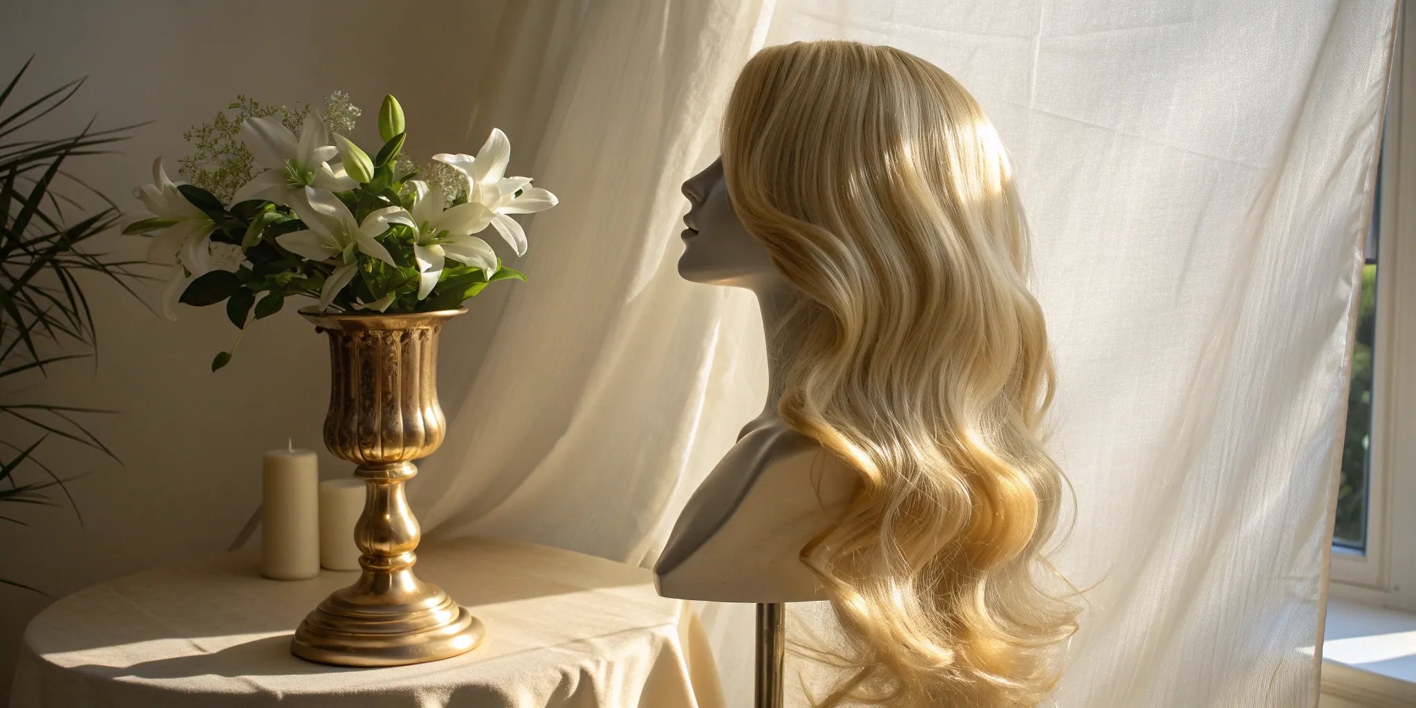 A natural-looking blonde human hair wig with soft waves and realistic texture.