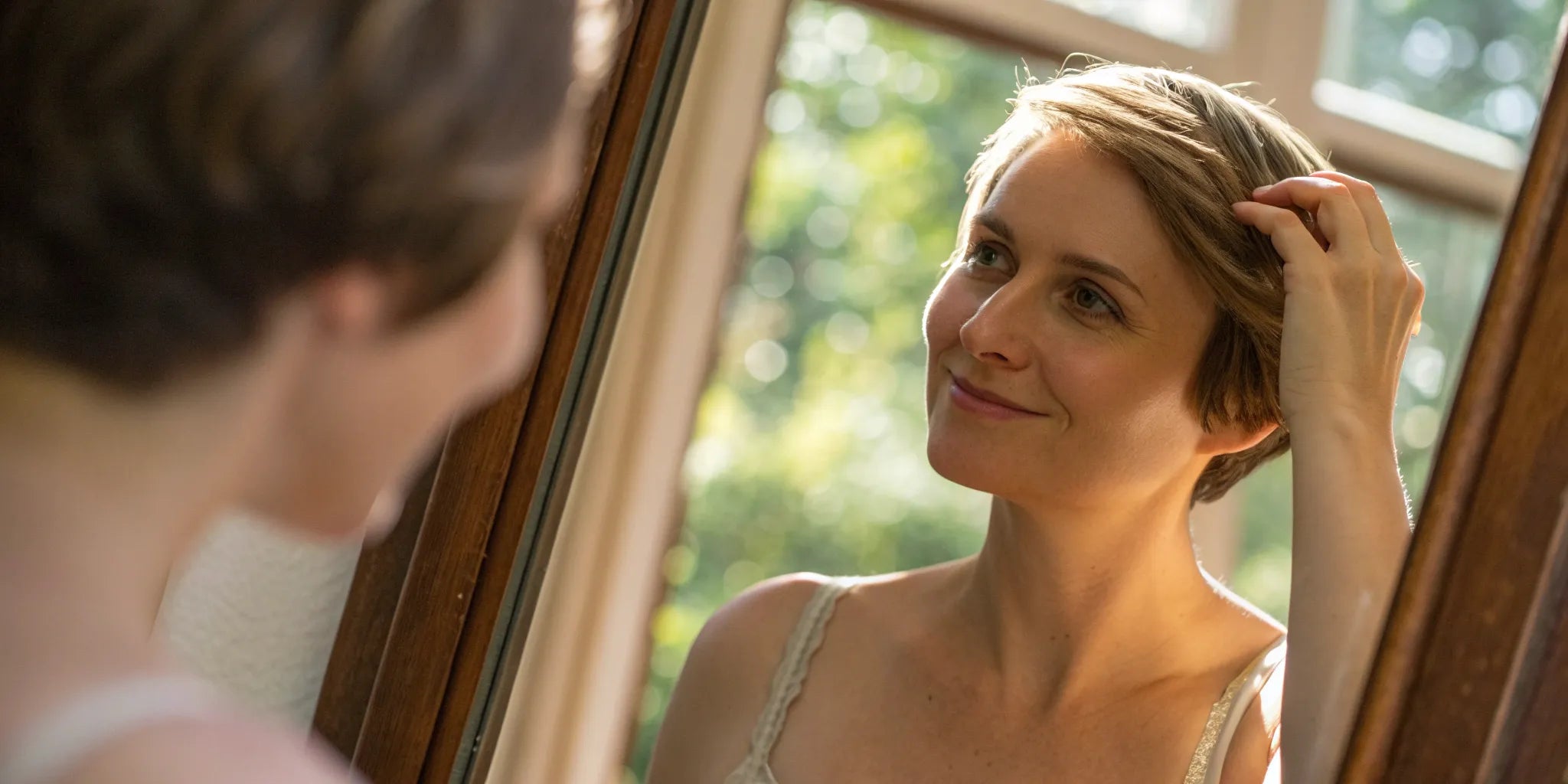 A natural-looking short real hair wig on a smiling woman.