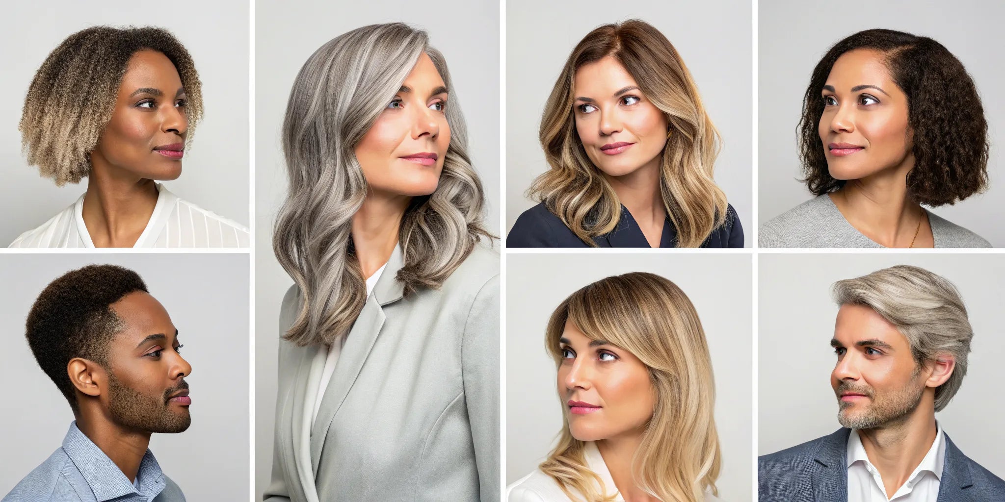 Seven people showcase stylish ombre wigs in various colors, lengths, and textures.