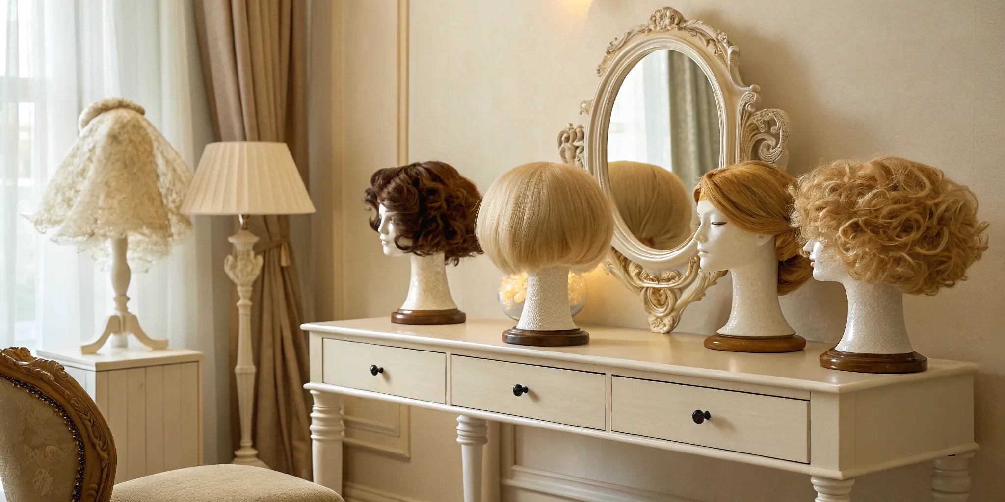 A collection of natural human hair wigs in various styles and colors.