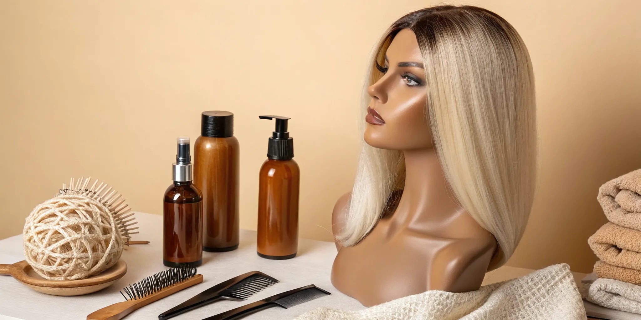 A lace wig on a mannequin prepared with lace tint spray and combs for a flawless application.