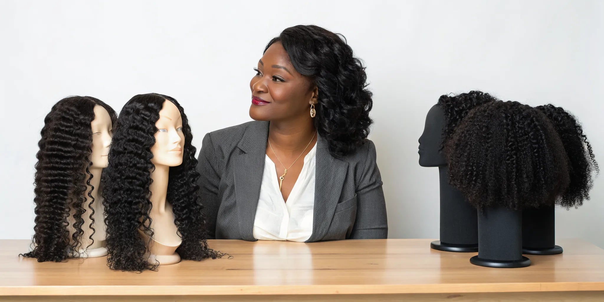 A Black woman choosing the best human hair wigs with various natural-looking textures.