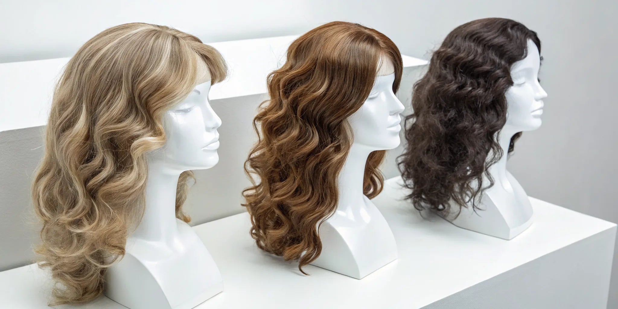Wavy human hair wig prostheses in body wave and loose wave styles.