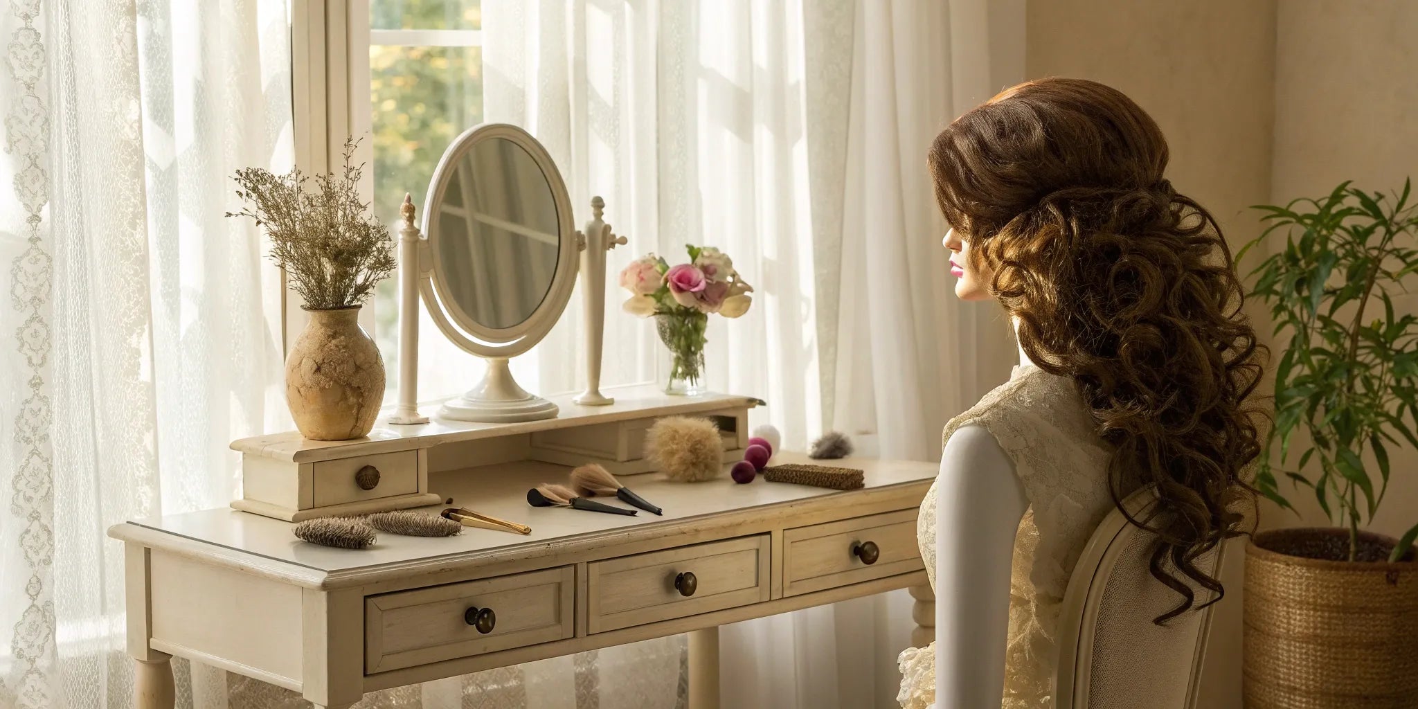 The quality and style of a human hair wig on a mannequin, which are key factors in its total cost.