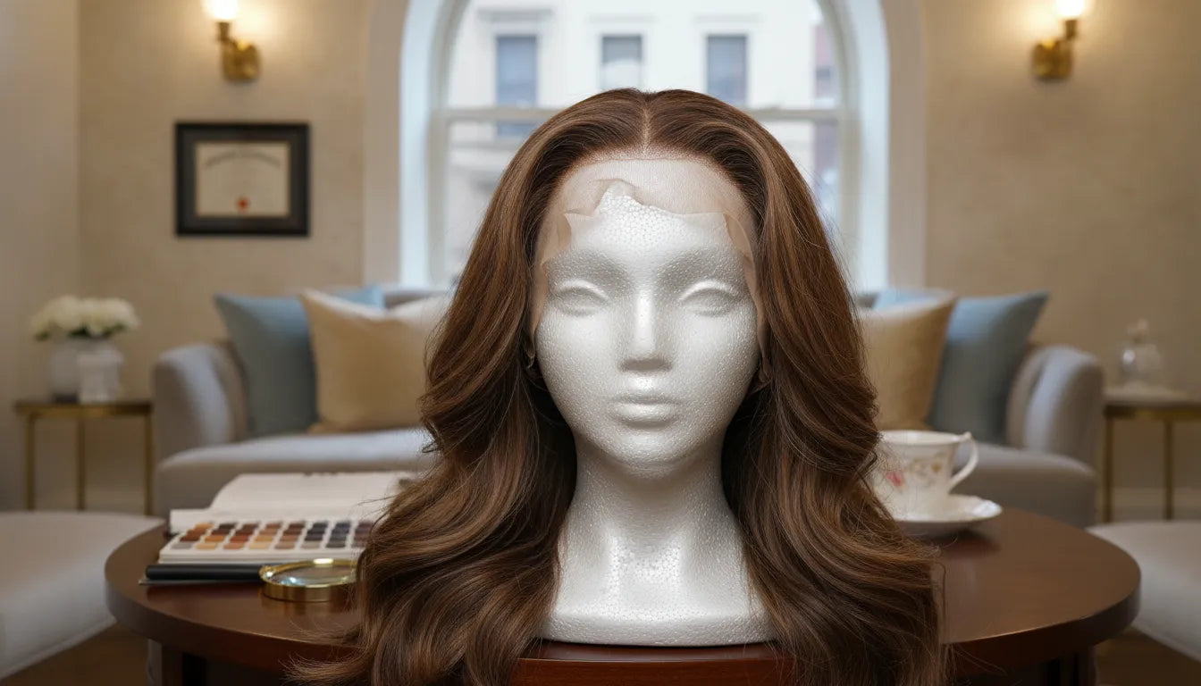A luxurious medical-grade human hair cranial prosthesis displayed on a mannequin head in a professional NYC consultation room