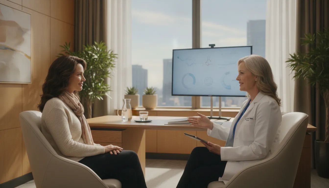 Woman in a medical consultation room speaking with a cranial prosthesis specialist about insurance coverage for a medical wig