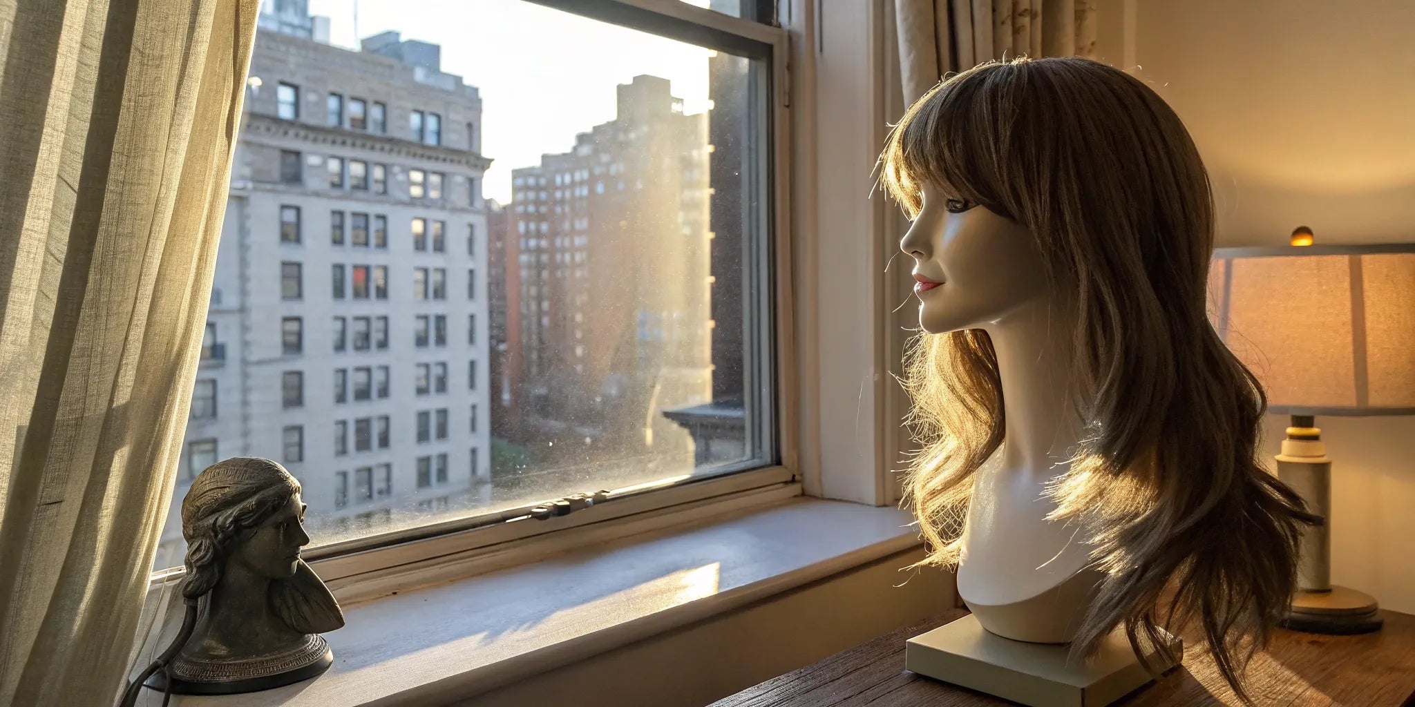 A realistic synthetic wig for sale on a mannequin, highlighting its natural-looking hairline.
