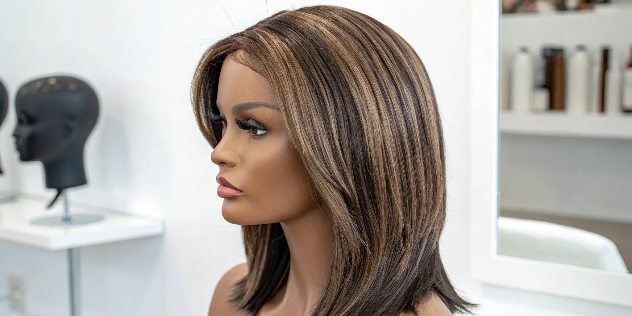 A full lace wig with a natural hairline and highlights on a mannequin.