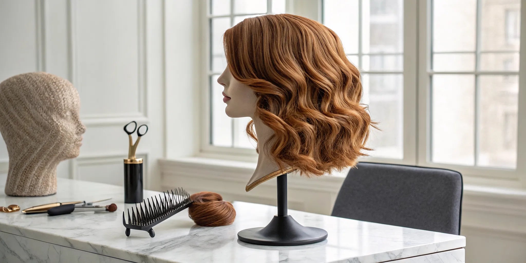 A quality ginger human hair wig with soft, natural waves.