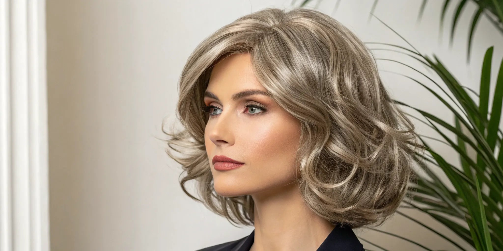 A woman wearing a short, wavy glueless wig, showing its secure and natural fit.
