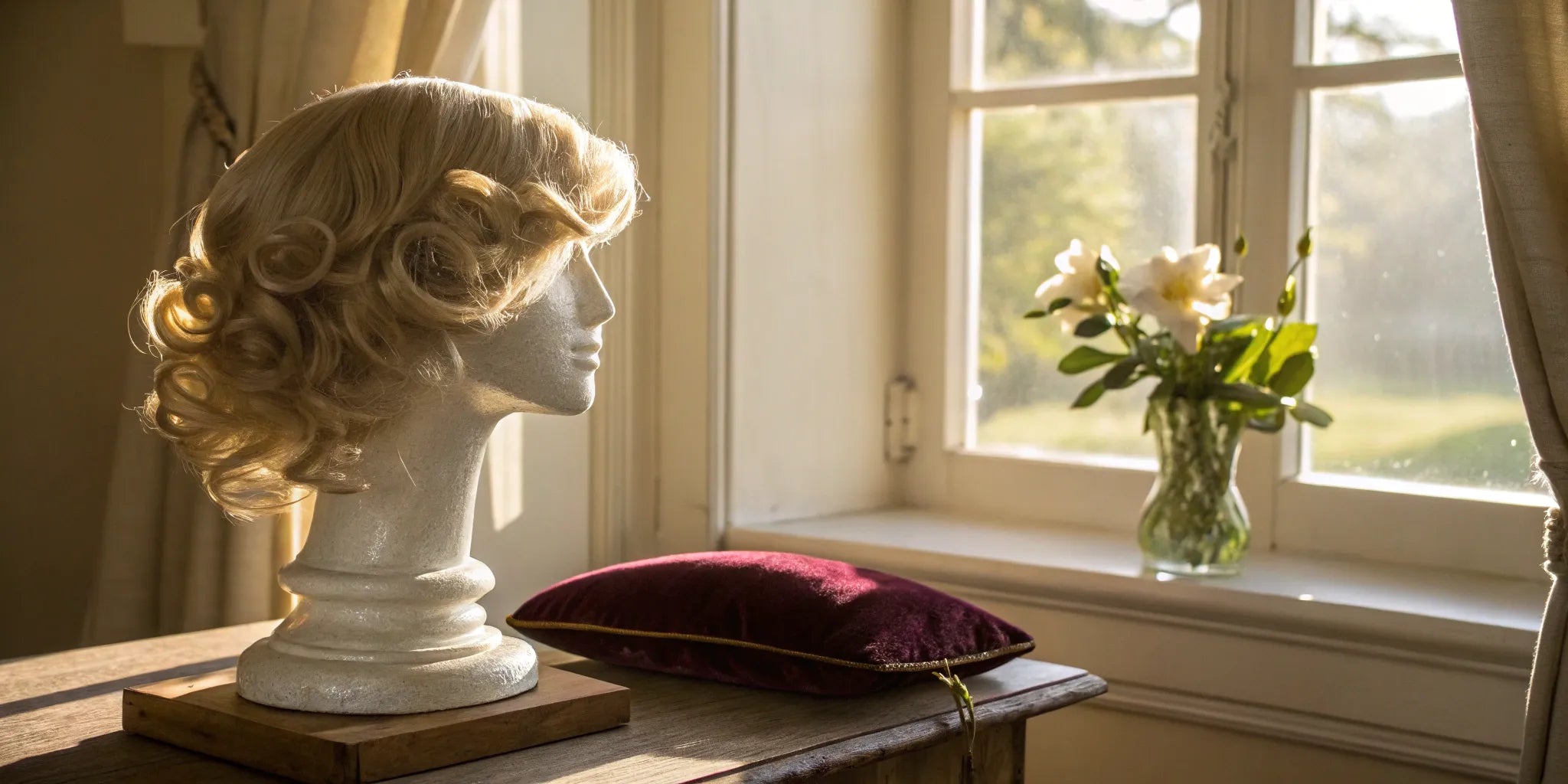 Properly stored blonde wig on a mannequin head, a key factor in how long wigs last.