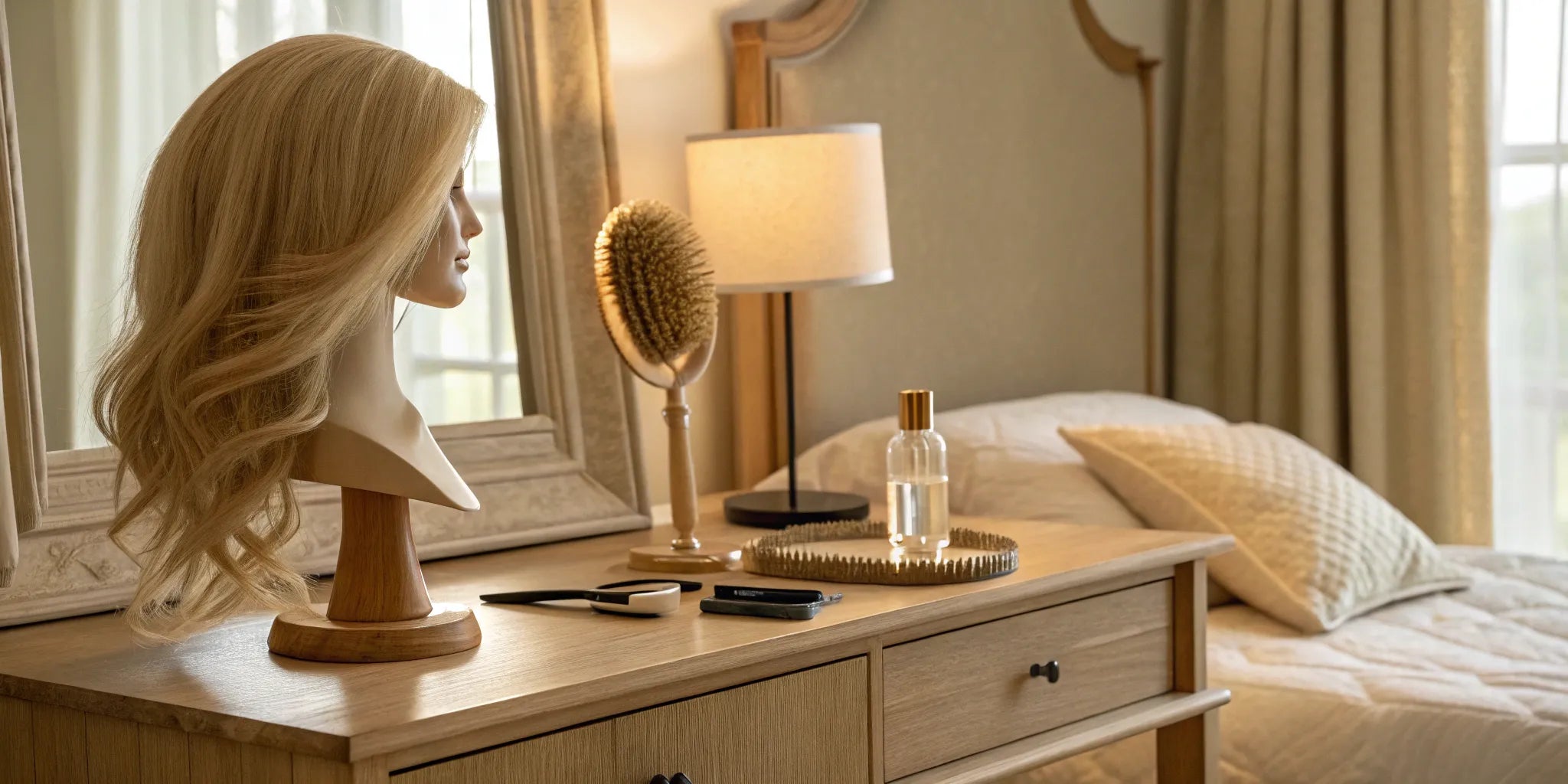 Blonde human hair medical wig on a stand with a brush and care products.