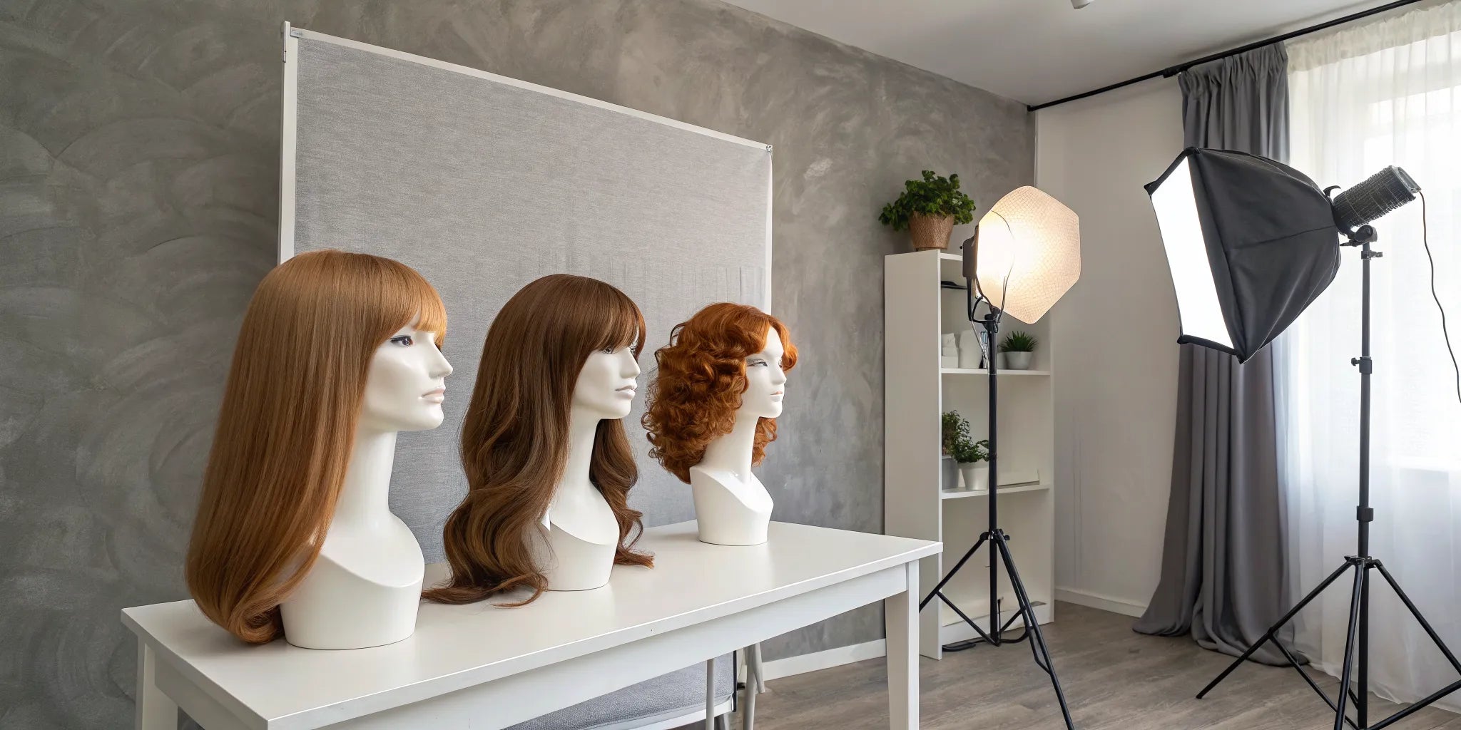 Various styles of auburn human hair wigs on display.