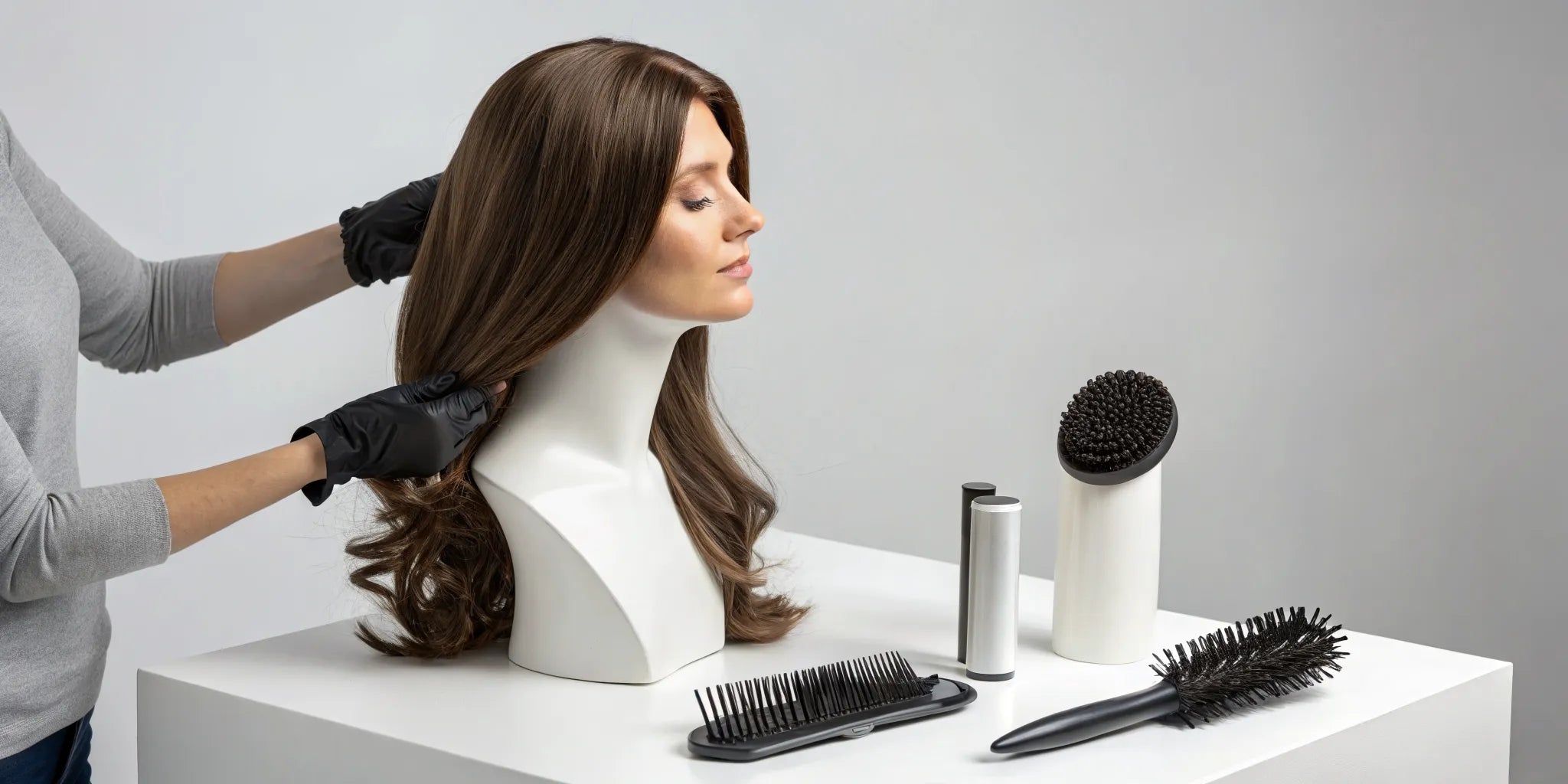 A person using a wide-tooth wig comb to style a brown wig on a mannequin head.