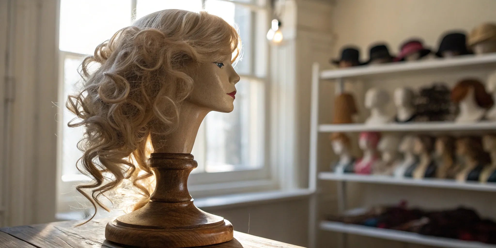 A good quality blonde wig with natural-looking curls on a mannequin head.