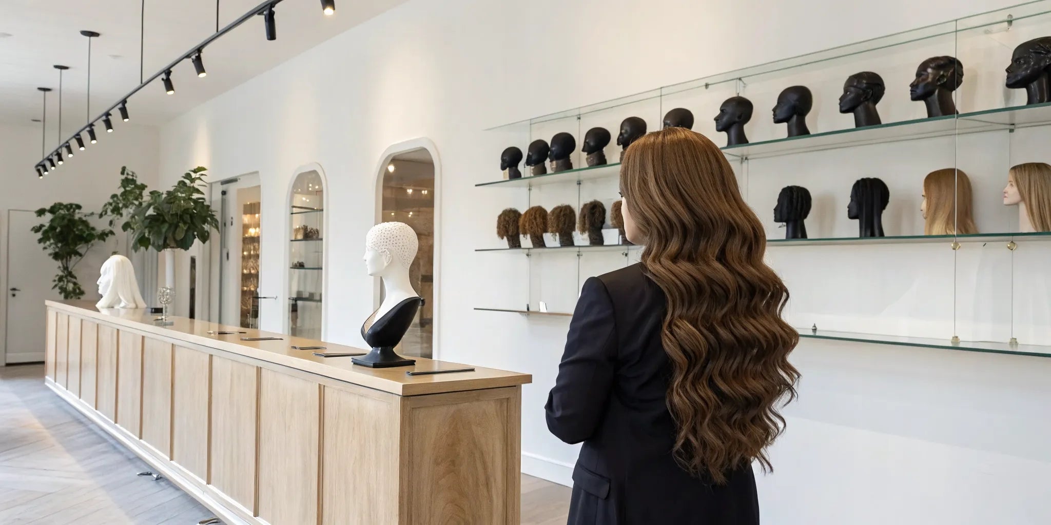 A woman in a shop considers various long wig styles displayed on mannequins.