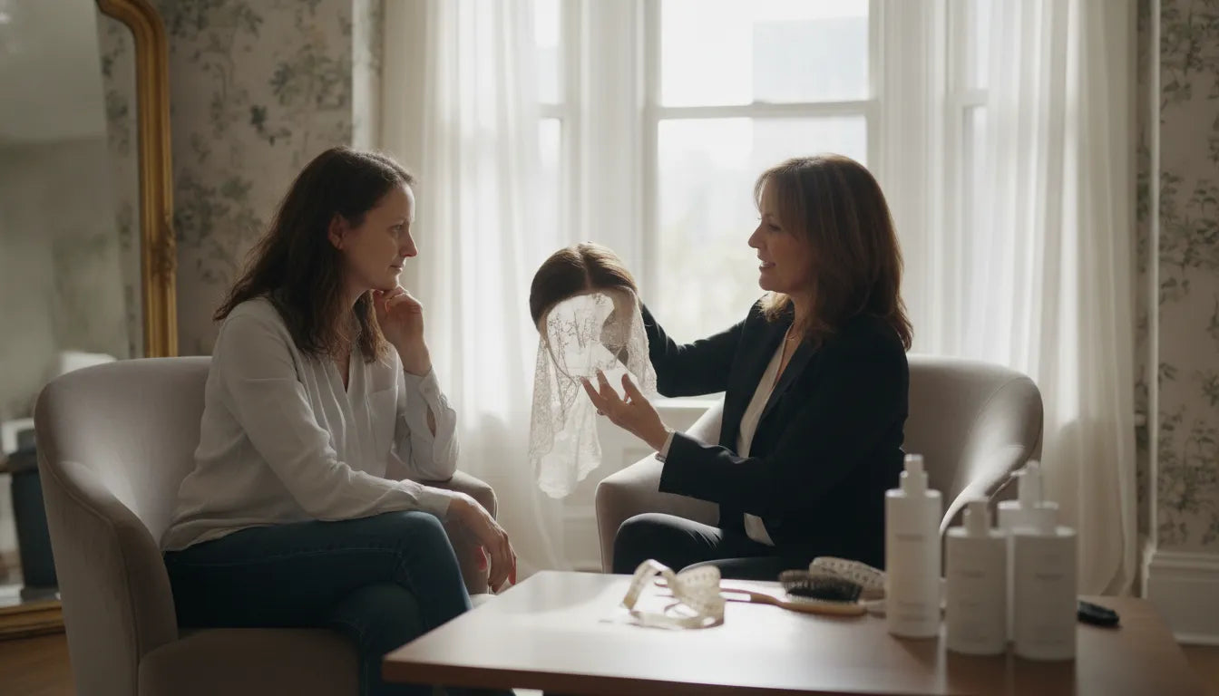 A woman in a private fitting room consulting with a cranial prosthesis specialist about a human-hair lace front medical wig