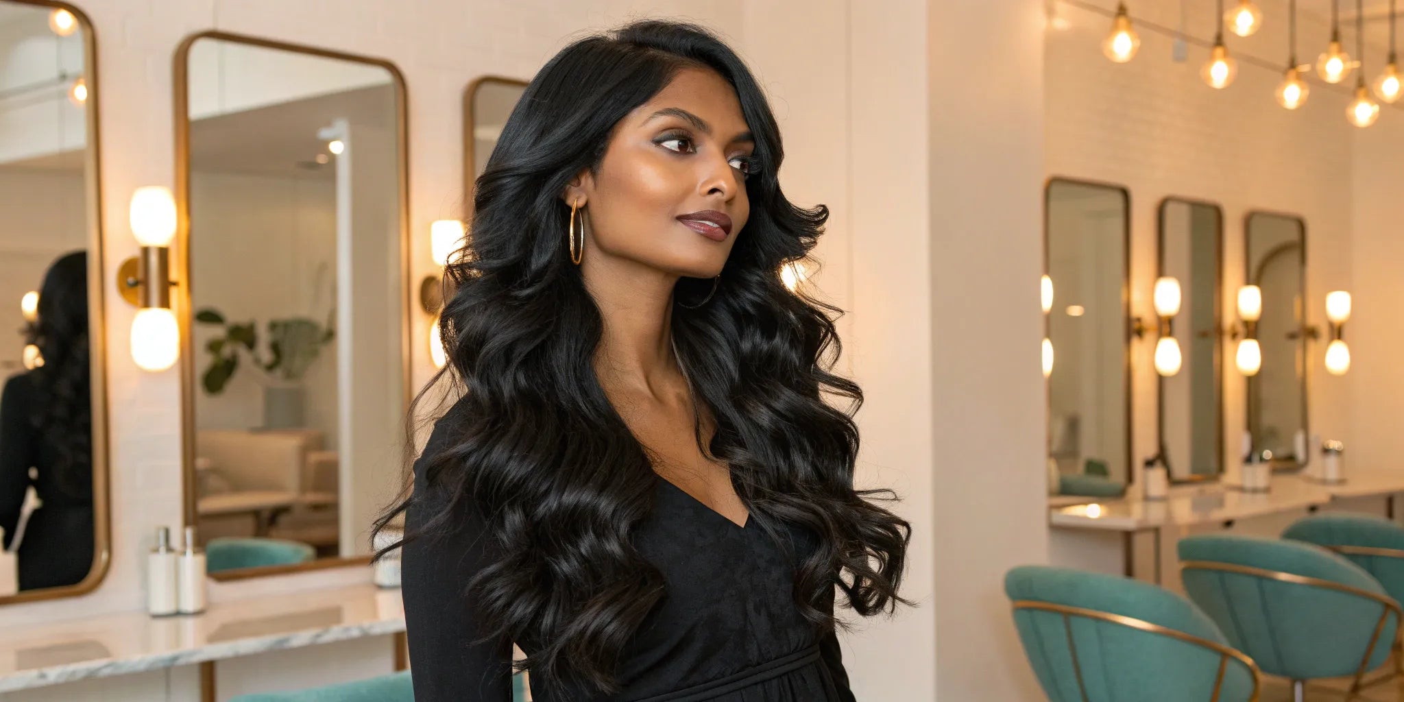 Woman wearing a long, wavy black lace front wig with a natural hairline.
