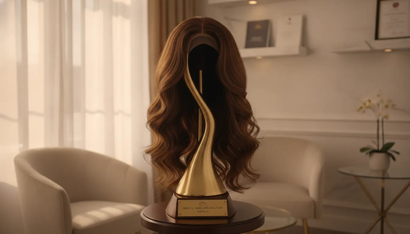 Luxurious human hair medical wig on display stand in a bright elegant consultation room