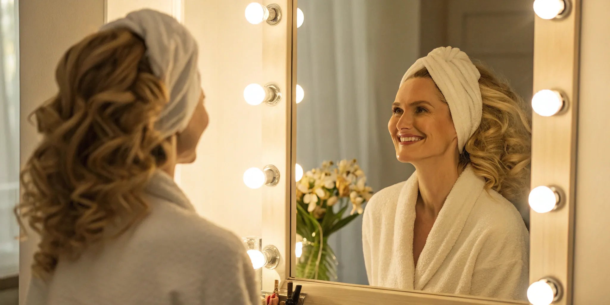 A white woman wearing a natural-looking wig smiles at her reflection in the mirror.