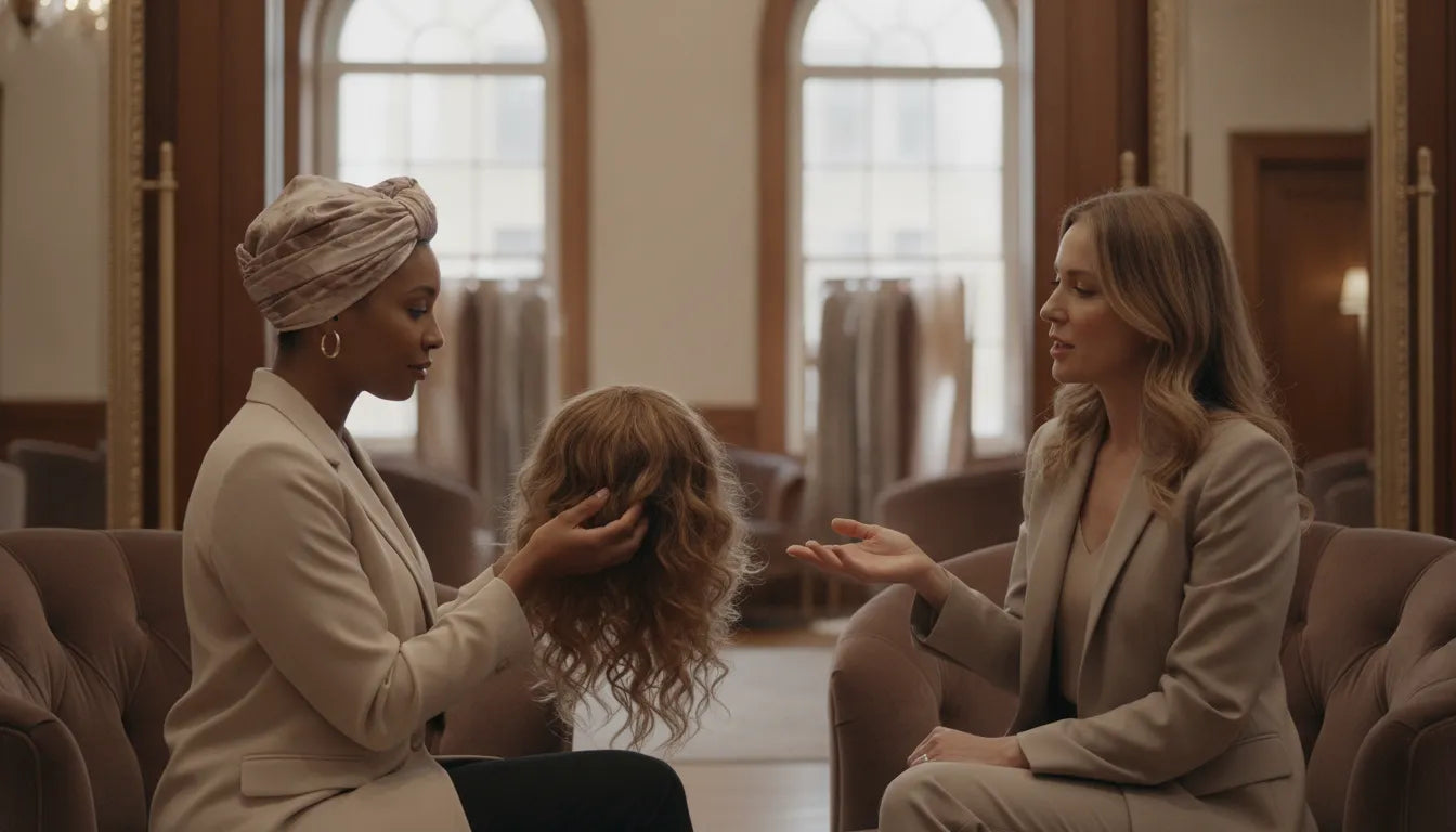 A woman in a private consultation reviewing a human-hair cranial prosthesis with a specialist