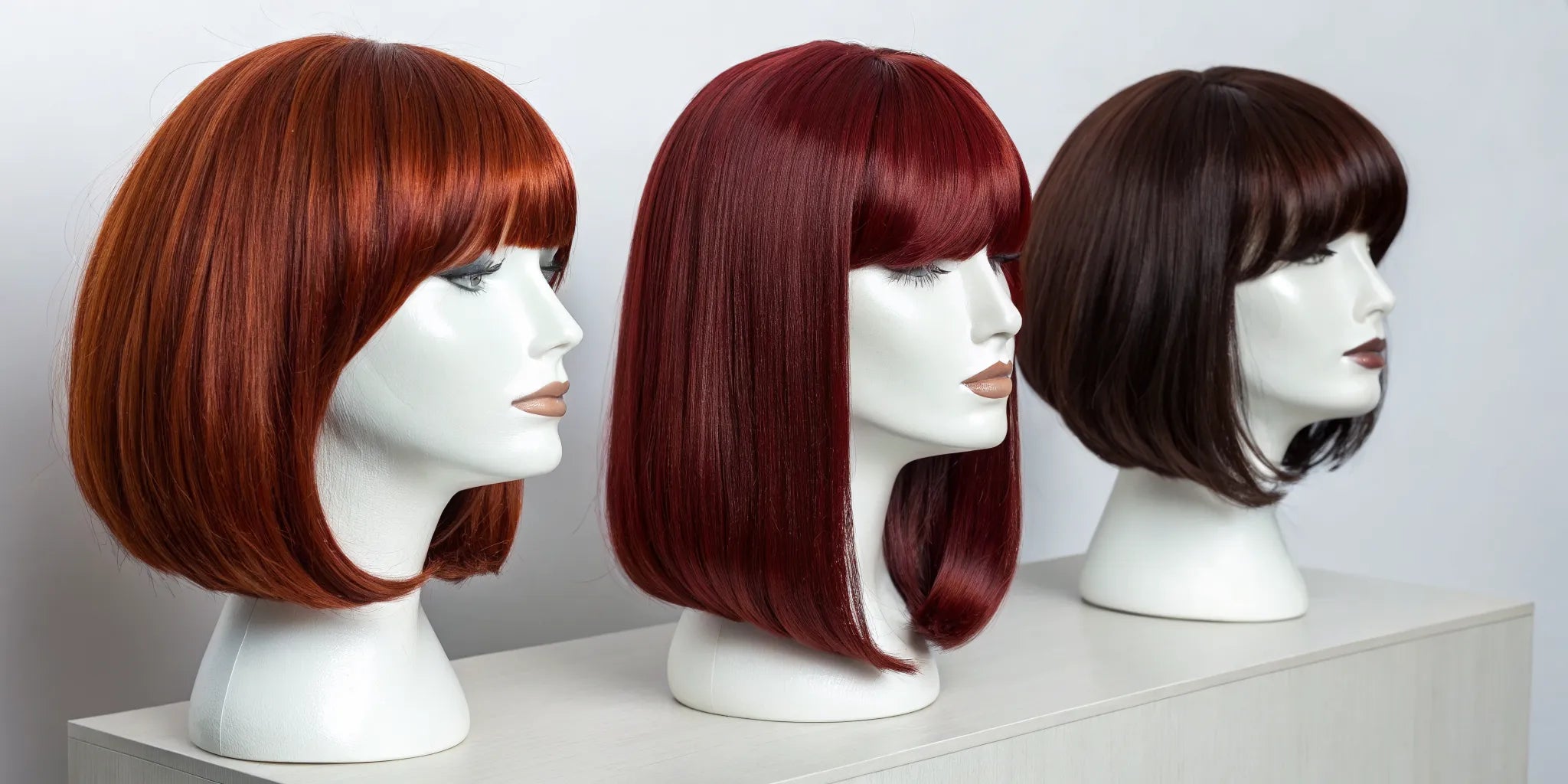 A variety of red wigs with bangs in different styles and shades on mannequin heads.