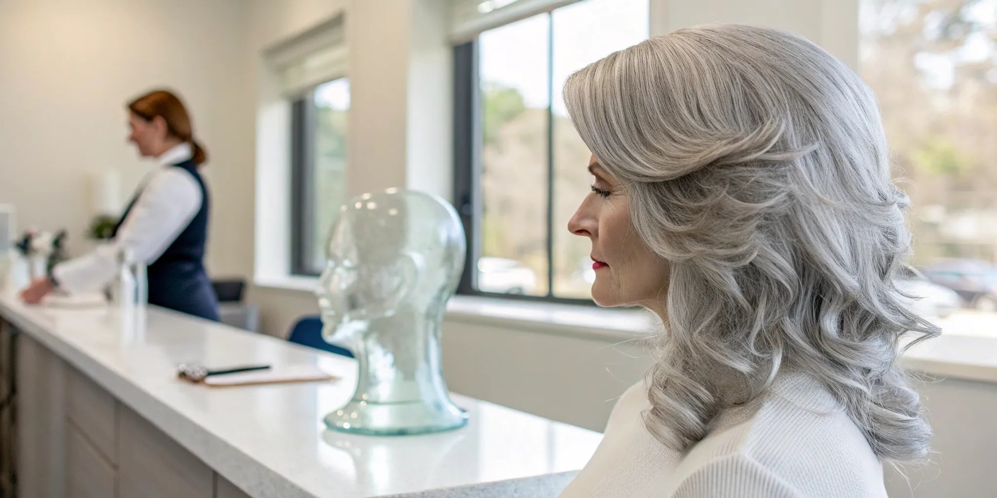 A woman wearing a silver human hair wig, a natural-looking medical cranial prosthesis.