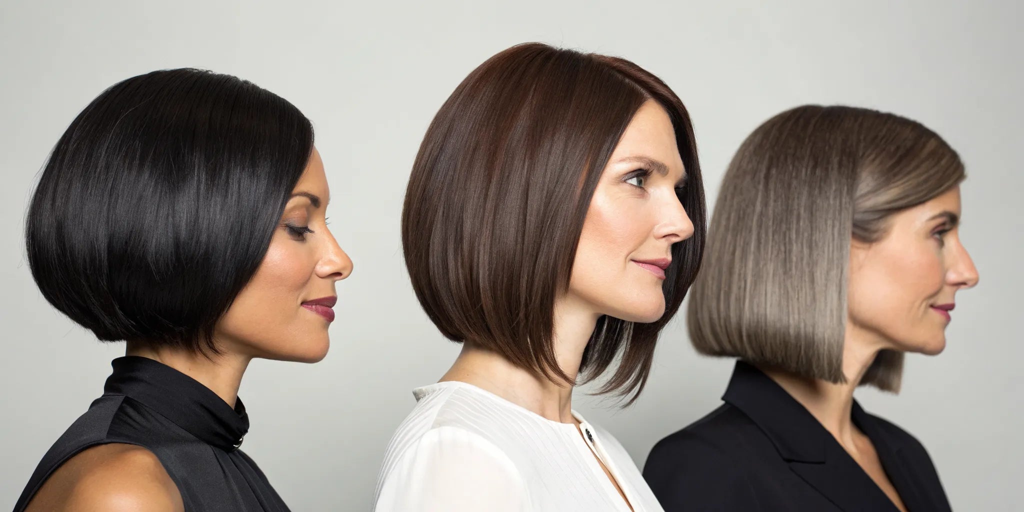 Three women showcasing different styles of chic human hair bob wigs.